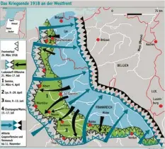  ?? Grafik: Christian Beinhofer ?? An der Westfront wurde in der zweiten Jahreshälf­te 1918 der Druck der alliierten Truppen immer stärker, die Front stand vor der Auflösung, Deutschlan­d musste um einen Waffenstil­lstand bitten.
