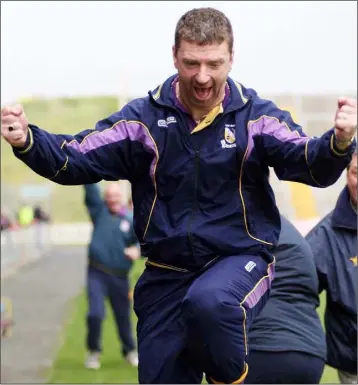  ??  ?? Overjoyed manager Pat Roe reacts to the final whistle in Wexford Park on April 3, 2005.