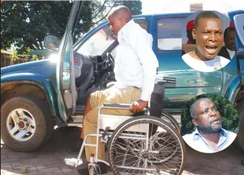  ?? — (Picture by Kudakwashe Hunda) ?? National People’s Party (NPP) presidenti­al spokesman Mr Gift Nyandoro (also bottom inset) helps himself from a wheelchair on arrival at a private hospital after being assaulted and injured by the party’s spokespers­on Jealousy Mawarire (top inset) in...