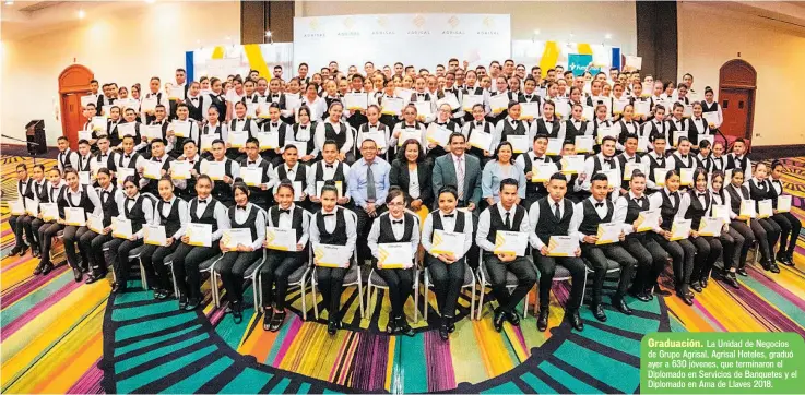  ??  ?? Graduación. La Unidad de Negocios de Grupo Agrisal, Agrisal Hoteles, graduó ayer a 630 jóvenes, que terminaron el Diplomado en Servicios de Banquetes y el Diplomado en Ama de Llaves 2018.