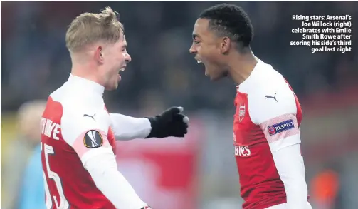  ??  ?? Rising stars: Arsenal’sJoe Willock (right) celebrates with EmileSmith Rowe after scoring his side’s thirdgoal last night