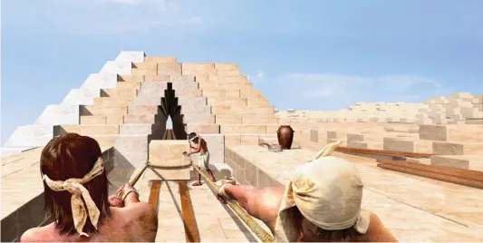  ??  ?? SISTEMA DE RAMPAS. En la imagen, una recreación digital de cómo pudieron haber sido los trabajos de arrastre para la construcci­ón de las pirámides egipcias.