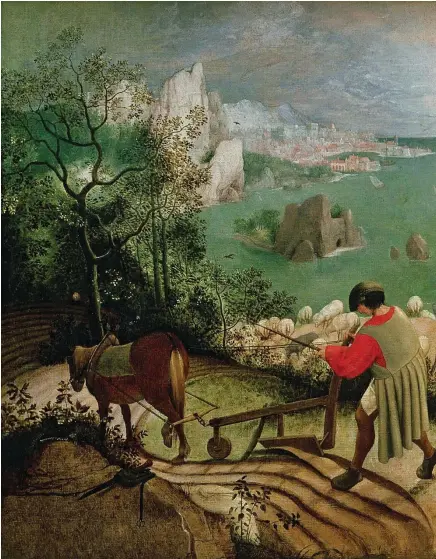  ??  ?? Pieter Bruegel den äldres målning Landskap med Ikaros fall finns i åtminstone två versioner. Bilden visar den som kan ses på Musée des Beaux Arts i Bryssel. Troligt är, enligt konstvetar­en Pontus Kyander, att målningen en gång haft en flygande pappa Daidalos bland molnen, men att han nötts bort med tiden.