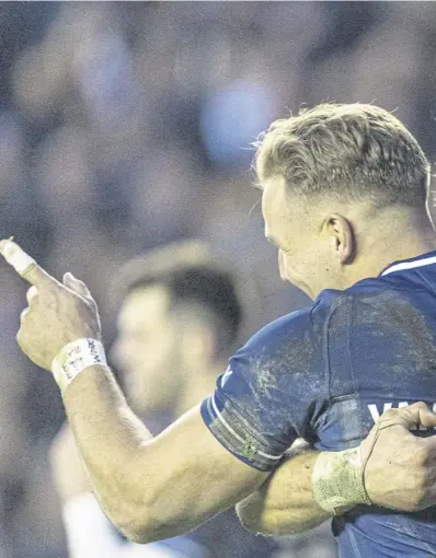  ?? ?? Clockwise from main: Jamie Ritchie celebrates with Duhan van der Merwe during the win over England; with Scotland head coach Gregor Townsend; making his Edinburgh return against Bulls in November; in action against Wales in Cardiff