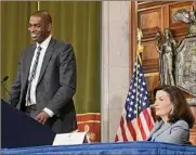  ?? Paul Buckowski / Times Union ?? Gov. Kathy Hochul picked Congressma­n Antonio Delgado, left, to fill the open lieutenant governor post on May 3. The Rhinebeck Democrat will be sworn in on Wednesday.