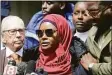  ?? Ned Gerard / Hearst Connecticu­t Media ?? Omo Mohammed, Mubarak Soulemane’s mother, speaks during a news conference near the site of her son’s death in West Haven on Thursday.