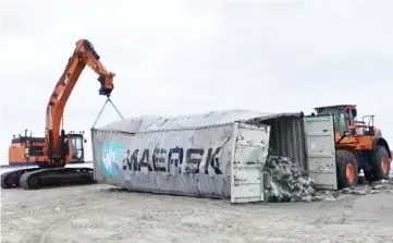  ??  ?? Heavy machinery lift a Maersk cargo container after it washed up on a beach in Vlieland, Netherland­s. — AFP photo