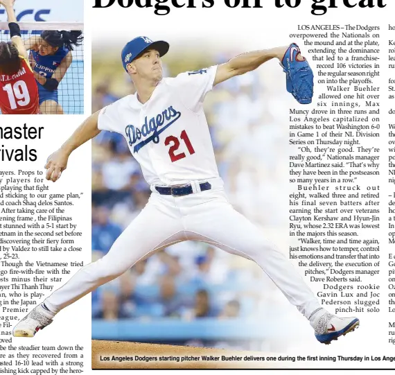  ?? AP ?? Los Angeles Dodgers starting pitcher Walker Buehler delivers one during the first inning Thursday in Los Angeles.