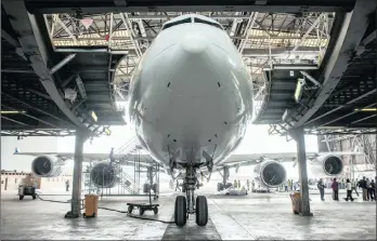  ??  ?? An Airbus NV A340-600 operated by South African Airways in a hangar at OR Tambo Internatio­nal Airport. SAA says it will miss its revenue target by a projected 9 percent in the 2017 financial year.