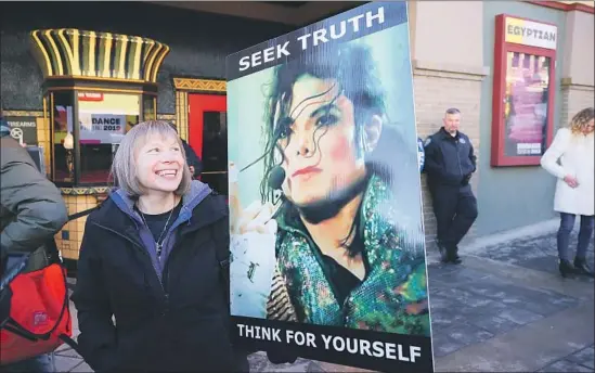  ?? Danny Moloshok Invision ?? BRENDA JENKYNS drove from Calgary, Canada, to protest outside Friday’s premiere of “Leaving Neverland” at the Sundance Film Festival in Park City, Utah.