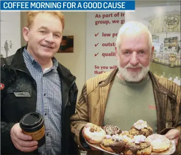  ??  ?? Mike Sunderland and Tom Gannon enjoying last week’s coffee morning in Pettitt’s Gorey in aid of Friends of Gorey District Hospital.