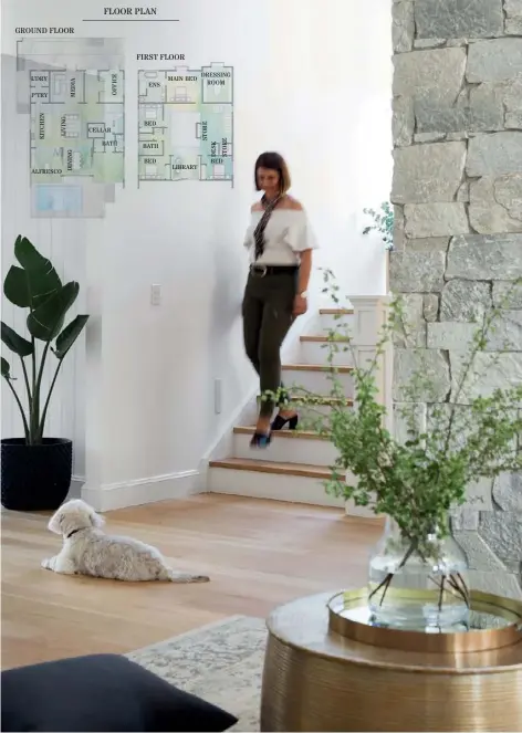  ??  ?? LIVING & DINING Oli (pictured) steps down into the living-and-dining space, where walls painted in Dulux Lexicon Quarter work in harmony with the textural grey stone of the fireplace and golden warmth of American Oak floors by Awesome Timber Floors. In the dining space (opposite), full-width windows offer an uninterrup­ted view of the pool and the city beyond. ‘Millicent’ bowls from Boyd Blue adorn the Freedom dining table, teamed with ‘French Tufted’ chairs from European Design. A replica Marcel Wanders ‘Skygarden Luminaire’ pendant from Matt Blatt features an in-built diffuser, protecting diners’ eyes from glare. Striking occasional chairs (get the look with the ‘Miami’ in Petrol Blue from Adairs) are a regal touch atop a ‘Gild Faded Motif’ Oriental rug in Grey from Deco Rug. >