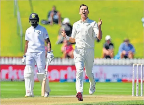  ?? AFP ?? New Zealand’s Trent Boult celebrates dismissing India’s Ajinkya Rahane on Day 4 of the first Test at Basin Reserve, Wellington on Monday.