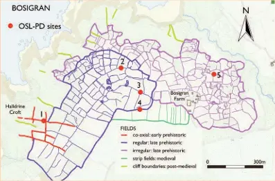  ??  ?? Below: Field system types identified by the West Penwith Survey at Bosigran, with sites studied with osl-pd