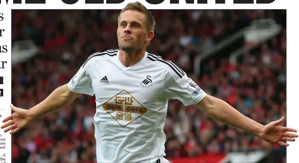  ??  ?? WHITE FRIGHT: Sigurdsson celebrates after netting Swansea’s second at Old Trafford and (below) United assistant Ryan Giggs has a quiet word with his boss