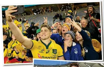  ??  ?? James O'Connor takes selfies for fans after the 2019 Rugby Championsh­ip Test Match between the Australian Wallabies and the New Zealand All Blacks in Perth.