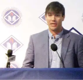  ??  ?? Starkville Academy head football coach Chase Nicholson speaks at the Midsouth Associatio­n of Independen­t Schools press conference in 2019. (Photo by Danny P. Smith, SDN file)