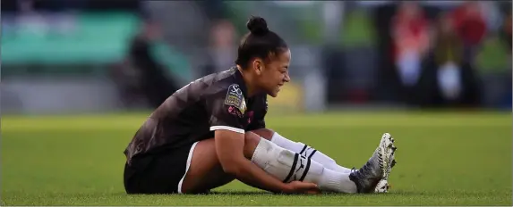  ??  ?? Rianna Jarrett awaiting treatment for an injury while assisting Wexford Youths in the Cup final in the Aviva Stadium in early November.