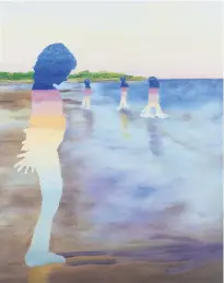  ?? Courtesy of Rebeca Fuchs / Contribute­d photo ?? "Reflection­s V: Jennings" by Rebeca Fuchs depicts hollowed out figures on a beach. Left, Simone Agoussoye's "Beauty Mark" depicts a teenager with an oversized iPad in her lap.