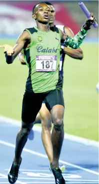  ?? MAKYN/CHIEF PHOTO EDITOR RICARDO ?? Calabar’s Kimar Farquharso­n celebrates after anchoring the team to victory in the boys 4x800m relay open final at the Gibson McCook Relays held at the National Stadium on Saturday, February 23, 2019.