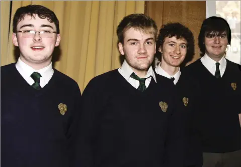  ??  ?? The East Glendaloug­h team at the Wickow Syria debate in Fatima hall: Ciaran Gilpin, Luke Hayden, John Morrison and Cian Hall.