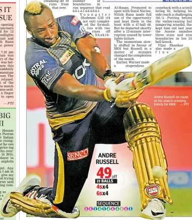  ?? — PTI ?? Andre Russell en route to his match-winning knock for KKR.