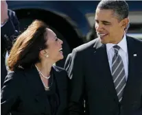  ??  ?? L’exemple. Kamala Harris ne cache pas son admiration pour le président Barack Obama (2009-2017) – ici, en 2012.