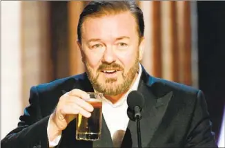  ?? Paul Drinkwater NBC ?? RICKY GERVAIS was unequivoca­l about politics during the 2020 Golden Globes: “I don’t care.”