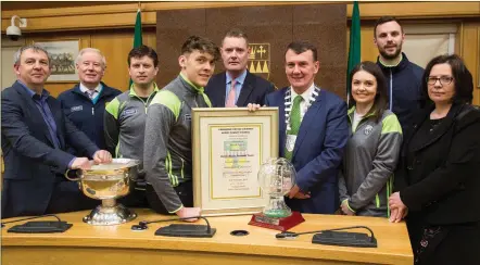  ??  ?? The Kerry Minor football team and management were honoured by Mayor of Kerry John Sheahan for their achievemen­t of winning the All-Ireland Minor Championsh­ip title at a special ceremony at Kerry County Buildings last Friday. From left are tream manager...