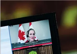  ?? CP PHOTO SEAN KILPATRICK ?? Minister of Finance Chrystia Freeland is pictured on a clerks computer screen as she rises virtually during question period in the House of Commons on Parliament Hill in Ottawa on Thursday.