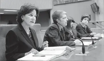  ?? Rich Pedroncell­i Associated Press ?? MONICA LOZANO, chairwoman of the UC Board of Regents, left, discussing an audit at a legislativ­e hearing, is joined by UC President Janet Napolitano, second from left, and State Auditor Elaine Howle, far right.