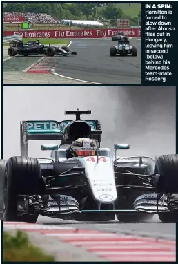  ??  ?? IN A SPIN: Hamilton is forced to slow down after Alonso flies out in Hungary, leaving him in second (below) behind his Mercedes team-mate Rosberg