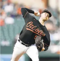  ?? JULIO CORTEZ/AP ?? Orioles starting pitcher Kyle Bradish allowed two earned runs in six innings in a 3-1 loss in his major league debut Friday against the Boston Red Sox at Camden Yards.