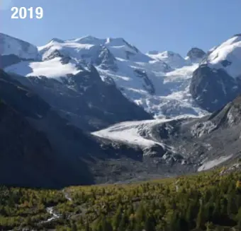  ?? FOTO RR ?? Op de Morteratsc­hgletsjer in de Zwitserse Alpen is er dit jaar 3 meter ijsdikte verdwenen.