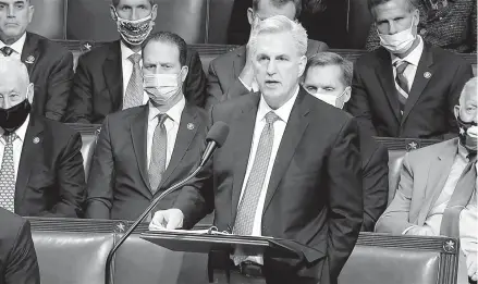  ?? HOUSE TELEVISION ?? Minority Leader Kevin McCarthy, R-Calif., speaks on the House floor on Thursday in Washington.