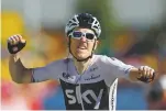  ?? PETER DEJONG ASSOCIATED PRESS ?? Britain’s Geraint Thomas celebrates as he crosses the finish line to win the 11th stage of the Tour de France in La Rosiere Espace San Bernardo, France.