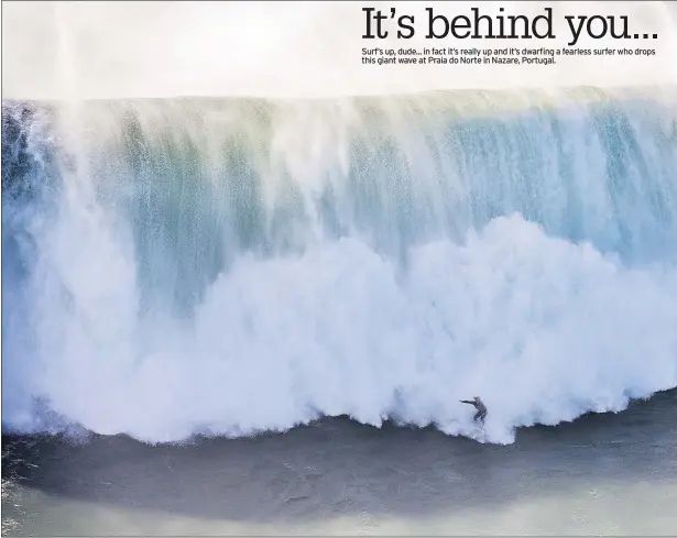  ??  ?? Surf’s up, dude... in fact it’s really up and it’s dwarfing a fearless surfer who drops this giant wave at Praia do Norte in Nazare, Portugal.