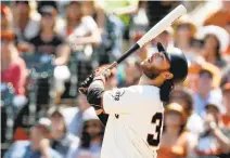  ?? JIM GENSHEIMER/STAFF ?? Brandon Crawford went 0 for 4 as the Giants managed just three hits in eight innings Wednesday against former A’s right-hander Dan Straily.