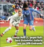  ??  ?? Svenja Huth (l., gegen Hallbera Gisladotti­r) ballerteun­s zur WM-Endrunde.