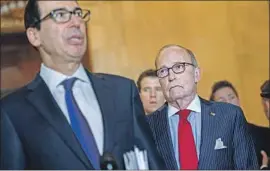  ?? Tom Williams CQ-Roll Call ?? TREASURY SECRETARY Steven T. Mnuchin, left, warned Republican senators last week that unemployme­nt could reach 20% without bold government action.