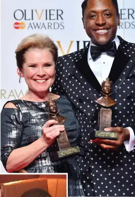  ??  ?? Gong: Matt Henry and Imelda Staunton with Olivier Awards