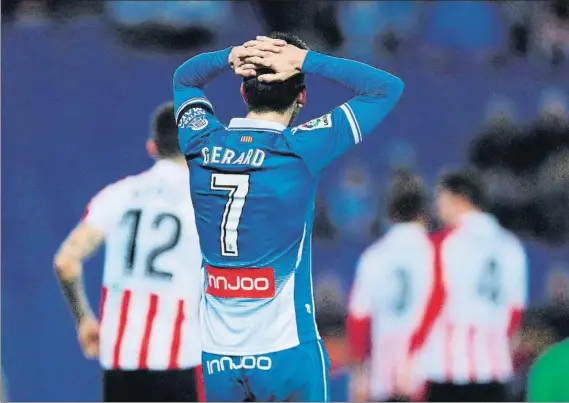  ?? FOTO: EFE ?? Gerard marcó el único tanto del Espanyol y que valió un punto ante el Athletic El delantero, que es el pichichi de la plantilla perica, se desesperó por conseguir el triunfo