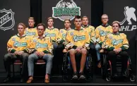  ?? AP PHOTO/JOHN LOCHER ?? Members of the Humboldt Broncos hockey team attend a news conference Tuesday in Las Vegas.