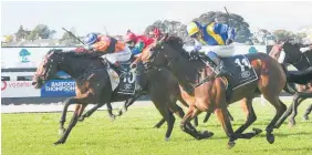 ?? Photo / Trish Dunell ?? Hezashocka causes a massive upset for Keith Haub in the Championsh­ip Stakes (2100m) at Ellerslie yesterday.