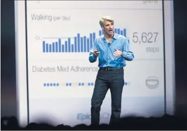  ?? KARLMONDON/STAFF ?? Apple executive Craig Federighi introduces a new health app at the AppleWorld Wide Developers' Conference on June 2. Apple and other valley titans such as Google are undertakin­g projects related to health technology.