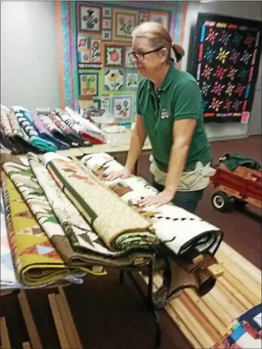  ?? JEAN BONCHAK — FOR THE NEWS-HERALD ?? Andrea Pasquale, special events assistant at Lake Metroparks Farmpark in Kirtland, looks over a sea of quilts while preparing for the 27th annual Quilt Show.