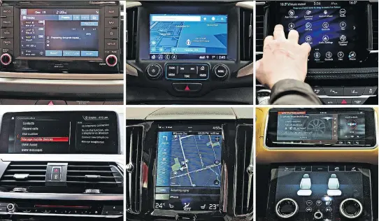 ?? DRIVING ?? David Booth reviews, clockwise from top left, the Kia UVO system, GMC IntelliLin­k system, FCA Uconnect system, Range Rover Touch Pro Duo, Volvo Sensus and BMW iDrive.