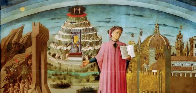  ??  ?? Dante Alighieri ritratto da Domenico di Michelino nel 1465 in «Dante e i tre regni» conservato a Santa Maria del Fiore a Firenze. Dante Alighieri era nato a Firenze tra il 21 maggio e il 21 giugno del 1265 e morì tra il 13 e il 14 settembre del 1321. Le sue spoglie , si trovano presso la tomba a Ravenna costruita nel 1780 da Camillo Morigia. Ricorrono quest’anno i 755 anni dalla nascita