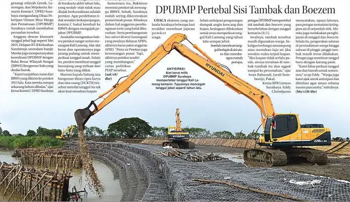  ?? HISYAM/JAWA POS ?? ANTISIPASI:
Alat berat milik DPUBMP Surabaya memperteba­l tanggul Kali Lamong kemarin. Tujuannya mencegah tanggul jebol seperti tahun lalu.