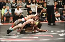  ?? RICH HUNDLEY III — FOR THE TRENTONIAN ?? Allentown’s Joey Lamparelli, top, controls Hopewell Valley’s Jacob Venezia, bottom, during the 120-pound final at the Mercer County Tournament on Saturday.